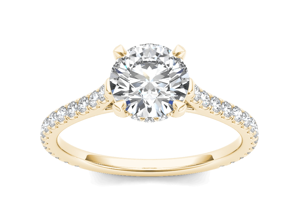 Gold ring with round lab-grown diamond, slim pavé band, and elegant cathedral setting.