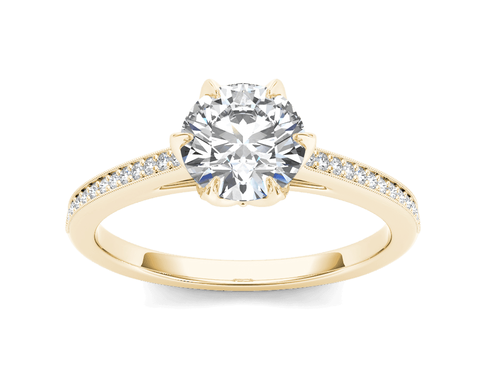 Gold cathedral ring with round lab-grown diamond, pavé band, and intricate vintage-inspired gallery.