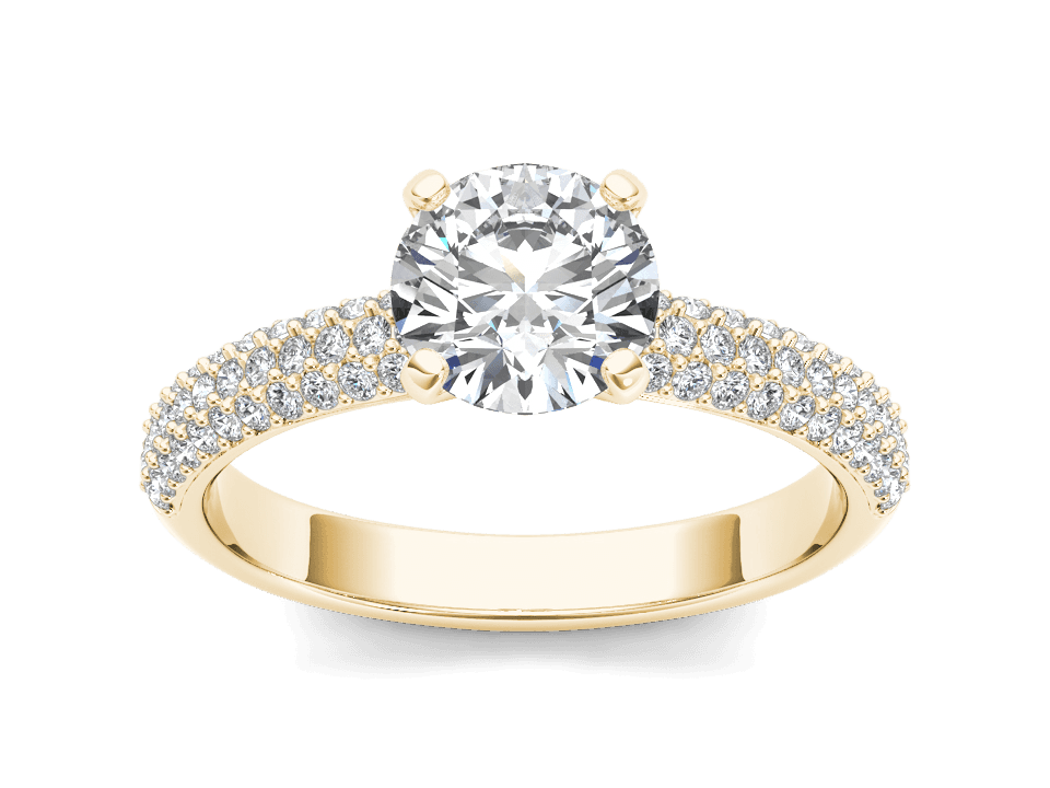 Gold split shank ring with round lab-grown diamond and double pavé-set band.