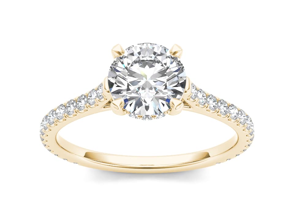 Gold ring with round lab-grown diamond, slim pavé band, and elegant cathedral setting.