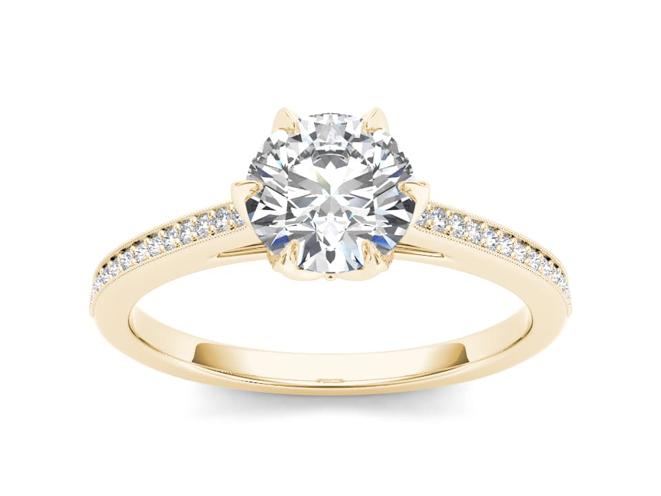 Gold cathedral ring with round lab-grown diamond, pavé band, and intricate vintage-inspired gallery.