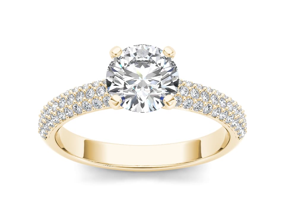 Gold split shank ring with round lab-grown diamond and double pavé-set band.